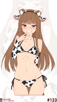 absurdres animal_ear_fluff animal_ear_hairband animal_ears animal_print bikini blunt_bangs blush brown_hair cow_ear_hairband cow_ears cow_horns cow_print cow_print_bikini detached_sleeves fake_animal_ears fang grin hairband highres holo horns likunea long_hair navel print_bikini red_eyes side-tie_bikini_bottom smile spice_and_wolf swimsuit tail wolf_ears wolf_girl wolf_tail