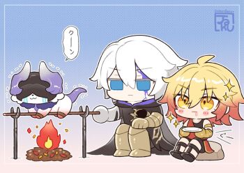 Rule 34 | 3boys, aged down, armored boots, black cloak, black shorts, black tank top, blonde hair, blue eyes, blush stickers, boots, braid, chibi, chibi only, cloak, commentary, cracked skin, drooling, flame reaver of the deepest dark, gladiator sandals, gradient hair, honkai: star rail, honkai (series), hood, hood down, hooded cloak, jaku 711, lygus (honkai: star rail), male focus, medium hair, mouth drool, multicolored hair, multiple boys, mydei (a trail of bygone blood) (honkai: star rail), mydei (honkai: star rail), phainon (honkai: star rail), red hair, roasting, sandals, short hair, shorts, side braid, sparkle, symbol-only commentary, tank top, white hair, yellow eyes