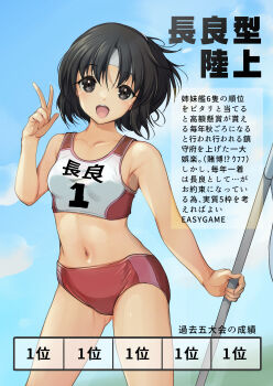 absurdres black_hair blue_sky buruma character_name cloud cowboy_shot headband highres kantai_collection midriff nagara_(kancolle) one_side_up open_mouth pole ranking red_buruma round_teeth short_hair sky smile sports_bikini sports_bra teeth translation_request two-tone_sports_bra upper_teeth_only v white_headband yashin_(yasinz)