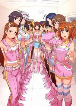 6+girls ahoge akizuki_ritsuko amami_haruka black_hair blonde_hair blue_eyes blue_hair blue_pants blue_skirt boots breasts brown_eyes brown_hair closed_mouth crop_top dark_blue_hair dress futami_ami futami_mami ganaha_hibiki green_eyes grey_hair hagiwara_yukiho hairband highres hoshii_miki idolmaster idolmaster_(classic) indoors kikuchi_makoto kisaragi_chihaya knee_boots large_breasts long_hair looking_at_viewer midriff minase_iori miura_azusa momo_no_suidou-sui multiple_girls navel open_mouth orange_eyes orange_hair pants pantyhose pink_dress pink_pants pink_skirt shijou_takane short_hair skirt small_breasts smile split_mouth standing takatsuki_yayoi thighhighs white_pants