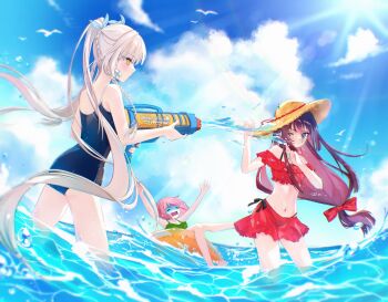 3girls bikini black_one-piece_swimsuit blue_eyes blush bow braid choppy_bangs closed_eyes closed_mouth cloud cloudy_sky commentary day dear_arisu english_commentary expressionless green_bikini hair_bow hat highres holding holding_water_gun innertube long_hair looking_at_another multiple_girls navel ocean on_innertube one-piece_swimsuit one_eye_closed open_mouth original outdoors pink_hair purple_hair red_bikini red_bow simple_bird sky splashing straw_hat summer sun swim_ring swimsuit turn_pale wading water water_gun white_hair yellow_eyes yellow_hat