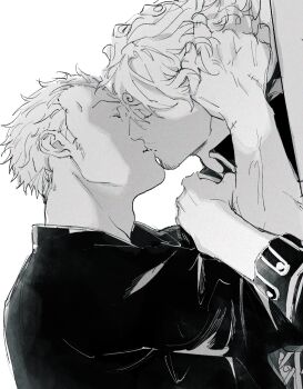 2boys adam&#039;s_apple arms_up closed_eyes curly_eyebrows facial_hair fingernails from_side goatee greyscale highres kiss kzwtr8 long_sleeves male_focus monochrome multiple_boys one_piece profile roronoa_zoro sanji_(one_piece) scar scar_on_hand short_hair short_sideburns sideburns_stubble simple_background stubble upper_body veins veiny_arms white_background yaoi