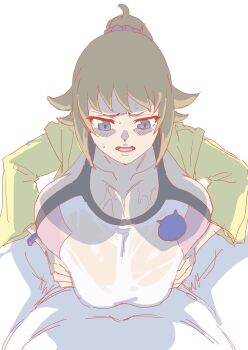 1girl blue_eyes breasts brown_hair cleavage grabbing_own_breast gundam gundam_build_fighters gundam_build_fighters_try highres hoshino_fumina huge_breasts iwao178 medium_hair paizuri ponytail pov sports_bra