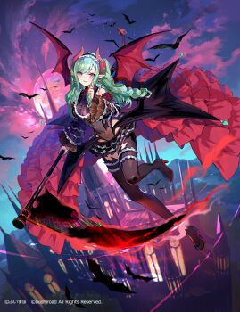 1girl alternate_costume bat_wings black_thighhighs cardfight!!_vanguard demon_wings floating full_moon fuzichoco green_hair holding holding_scythe horns looking_at_viewer moon pointy_ears purple_eyes red_horns scythe solo thighhighs vampire virtual_youtuber vspo! wings yakumo_beni
