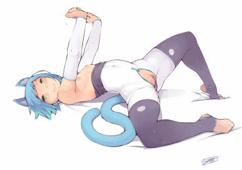 1girl animal_ears blue_hair bodysuit bodysuit_pull breasts bridal_gauntlets cat_ears cat_tail clitoral_hood clitoris crotch_zipper crotchless elbow_gloves faustsketcher feet female_focus full_body gloves green_eyes looking_at_viewer lying naomi_(faustsketcher) nipples on_back original plantar_flexion pussy short_hair signature simple_background small_breasts smile solo stirrup_legwear stretching tail thighhighs toeless_legwear toes uncensored zipper