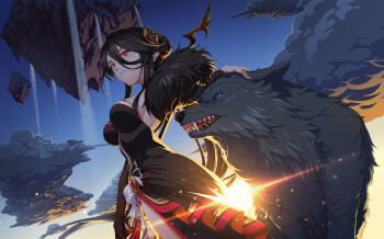 1girl absurdres animal ara_haan black_dress black_hair breasts cleavage cloud commentary devi_(elsword) dress elsword english_commentary feather_boa floating_hair grin hair_between_eyes highres kk018475 large_breasts long_hair orange_eyes outdoors sky smile sunlight twilight wolf