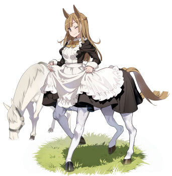 1girl ;) animal animal_ears apron bow bowtie brown_bow brown_bowtie brown_eyes brown_hair centauroid commentary_request full_body grass horse horse_ears horse_girl long_hair long_sleeves looking_at_viewer maid maid_apron nyoro_(nyoronyoro000) one_eye_closed original simple_background smile solo taur white_apron white_background