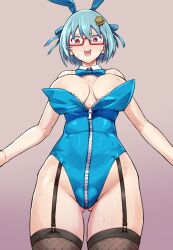 Rule 34 | 1girl, animal ears, ass, bare shoulders, blue hair, blue leotard, borrowed character, bow, bowtie, breasts, burger hair ornament, cleavage, collarbone, commentary request, depo (typebaby505), detached collar, fake animal ears, food-themed hair ornament, glasses, gluteal fold, hair ornament, hamburger-chan (hundredburger), highres, leotard, medium breasts, nervous, original, playboy bunny, rabbit ears, red-framed eyewear, red eyes, semi-rimless eyewear, smile, solo, strapless, strapless leotard, sweat, tears, wardrobe malfunction