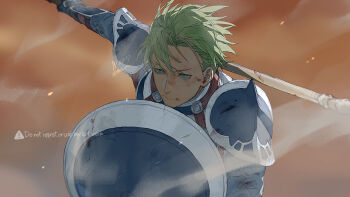 1boy 91007 aran_(fire_emblem) commentary_request fire_emblem fire_emblem:_radiant_dawn green_eyes green_hair highres holding holding_polearm holding_shield holding_weapon male_focus nintendo polearm shield short_hair weapon