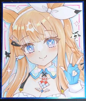 1girl almond_eye_(umamusume) animal_ears blue_eyes blue_gloves blue_hair blush bow braid breasts brown_hair cleavage closed_mouth commentary_request ear_ribbon fingerless_gloves gloves hand_up head_tilt horse_ears long_hair long_sleeves looking_at_viewer medium_breasts multicolored_hair photo_(medium) puffy_long_sleeves puffy_sleeves ribbon shikishi smile solo terimuku traditional_media two-tone_hair umamusume white_ribbon