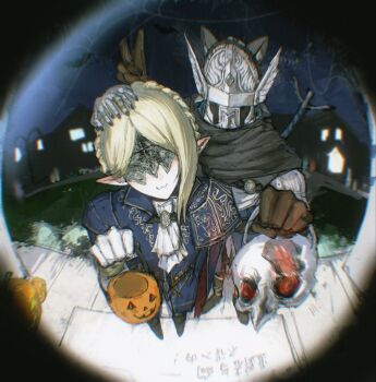 1boy 1girl :3 animal_ears armor ascot black_boots black_scarf blonde_hair blue_jacket blue_tunic boots braid breastplate brooch brown_gloves cat_ears closed_mouth covered_eyes covered_face duchess_(elden_ring) elden_ring elden_ring_nightreign eye_mask fake_animal_ears full_body gloves hands_up helmet jacket jewelry kabyyi mask pauldrons pointy_ears scarf shoulder_armor smile solo tunic v weapon weapon_on_back white_ascot white_gloves winged_helmet wylder_(elden_ring)