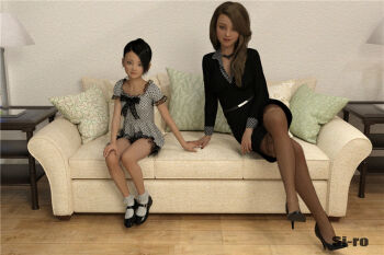 2girls 3d age_difference black_hair blush brown_hair couch flat_chest full_body high_heels loli long_hair mature_female model multiple_girls onee-loli pinup_(style) realistic shoes si-ro thighs upskirt yuri