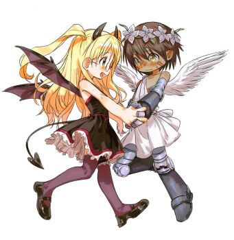1boy 1girl :d angel angel_wings black_dress blonde_hair blush brown_hair demon_girl demon_horns demon_tail demon_wings dress feathered_wings frilled_dress frills full_body glasses goranitrainer green_eyes head_wreath highres holding_hands horns long_hair made_in_abyss mechanical_arms mechanical_legs open_mouth purple_thighhighs reg_(made_in_abyss) riko_(made_in_abyss) short_hair smile spread_wings sweatdrop tail thighhighs toga twintails white_background white_wings wings yellow_eyes