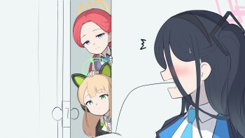 3girls ^^^ aged_up alternate_costume alternate_hair_length alternate_hairstyle animal_ear_headphones animal_ears black_hair black_hairband black_suit blonde_hair blue_archive blue_necktie blunt_bangs blush cat_ear_headphones cat_ears closed_mouth collared_shirt commentary couch embarrassed fake_animal_ears forehead formal_clothes green_eyes hairband halo hamachikichiki headpat headphones heart highres indoors jacket kei_(blue_archive) long_hair looking_at_another midori_(blue_archive) multiple_girls necktie no_eyes one_side_up open_clothes open_door open_jacket open_mouth orange_halo parted_bangs peeking_out pink_halo profile purple_eyes rectangular_halo red_hair shirt simple_background smile split_mouth spoken_heart suit surprised sweatdrop upper_body wavy_mouth white_background white_shirt yuzu_(blue_archive)