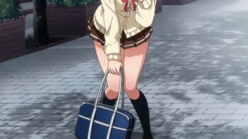 10s 1girl 2011 animated animated_gif anime_screenshot bag bow brown_eyes brown_hair cardigan denpa_onna_to_seishun_otoko fang female_focus hand_on_own_chest kneehighs legs maroon_eyes mifune_ryuuko miniskirt open_mouth outdoors pleated_skirt red_bow school_bag school_uniform serafuku short_hair skirt socks solo tagme thick_thighs thighs