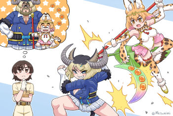 1boy 2girls alternate_costume animal_ears bare_shoulders belt black_belt black_fur black_hair blonde_hair blue_eyes blue_jacket blush bow bowtie breasts captain_(kemono_friends) cat_ears cat_girl cat_tail cellien_(kemono_friends) circlet cosplay cow_ears cow_girl cow_horns cow_tail cutoffs dragon_ball dragon_ball_(classic) elbow_gloves fingerless_gloves flats fur_trim gloves golden_snub-nosed_monkey_(kemono_friends) golden_snub-nosed_monkey_(kemono_friends)_(cosplay) gyaru gyumaou_(kemono_friends) gyuu_maou hair_between_eyes hair_ornament hairpin horns jacket kemono_friends kemono_friends_3 kogal large_areolae leotard looking_at_viewer metamimi multicolored_hair multiple_girls pink_skirt pleated_skirt print_bow print_bowtie print_leotard print_thighhighs serval_(kemono_friends) shoes short_hair short_sleeves showgirl_skirt sidelocks skirt sleeveless smile son_goku staff tail thighhighs thinking white_fur white_gloves white_leotard yellow_eyes yellow_shoes zettai_ryouiki