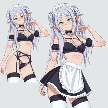 1girl alternate_costume apron armband black_armband black_bow black_bra black_panties black_skirt blue_background blush bow bow_panties bra breasts cameltoe closed_mouth collar collarbone commentary cowboy_shot detached_collar different_zoom_layer earrings elf english_commentary enmaided frieren frilled_apron frilled_armband frilled_collar frilled_skirt frills garter_belt gradient_background green_eyes grey_hair groin hand_up highres jewelry josival lingerie long_hair looking_at_viewer maid maid_apron maid_headdress navel o-ring o-ring_top paid_reward_available panties pointy_ears skindentation skirt small_breasts solo sousou_no_frieren string_panties teardrop_earrings thighhighs twintails unconventional_maid underwear waist_apron white_apron white_headdress white_thighhighs