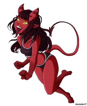 1girl artist_name borrowed_character breasts brown_hair brown_panties cleavage clenched_hand colored_skin commentary demon_girl demon_horns demon_tail english_commentary full_body highres horns long_hair long_tongue meruccubus_(merunyaa) mole mole_under_eye navel orange_eyes original panties red_skin sharp_toenails skuddbutt small_breasts solo sports_bra tail toenails tongue tongue_out torn_clothes torn_panties underwear underwear_only