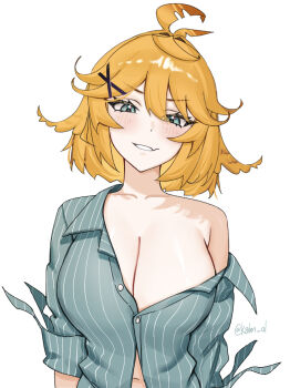 1girl alternate_breast_size_(larger) aqua_shirt blonde_hair breasts cleavage commentary dokibird english_commentary feather_hair green_eyes hair_ornament highres huge_breasts indie_virtual_youtuber kalm_ol large_breasts navel shirt smile virtual_youtuber white_background x_hair_ornament