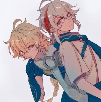 Rule 34 | 2boys, aether (genshin impact), ahoge, black gloves, blonde hair, braid, braided ponytail, cape, commentary request, genshin impact, gloves, highres, hinata0313, kaedehara kazuha, multicolored hair, multiple boys, red hair, single braid, streaked hair, upper body, white background, yellow eyes