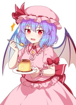 1girl ^^^ absurdres ascot back_bow bat_wings blue_hair bow commentary fang food hat hat_ribbon highres holding holding_plate holding_spoon kaoling mob_cap open_mouth pink_hat pink_shirt pink_skirt plate pudding puffy_short_sleeves puffy_sleeves red_ascot red_bow red_eyes remilia_scarlet ribbon shirt short_sleeves simple_background skirt skirt_set sleeve_bow solo spoon touhou untranslatable_commentary white_background wings
