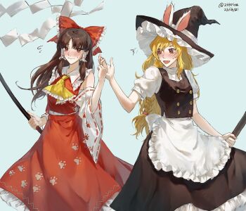 2girls absurdres aihara-rina apron ascot black_hat black_skirt black_vest blonde_hair blue_background blush bow braid broom brown_hair chinese_commentary closed_mouth commentary_request dated detached_sleeves frilled_apron frilled_bow frilled_hair_tubes frilled_skirt frills gohei hair_bow hair_tubes hakurei_reimu hat hat_with_ears highres holding holding_broom holding_gohei holding_hands kirisame_marisa long_hair multiple_girls official_alternate_costume open_mouth paw_print paw_print_pattern red_bow red_eyes red_skirt ribbon-trimmed_sleeves ribbon_trim side_braid single_braid skirt skirt_set touhou very_long_hair vest white_apron wily_beast_and_weakest_creature witch_hat yellow_ascot yuri