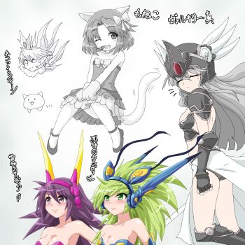Rule 34 | 5girls, animal ears, animal hands, armor, armored dress, ass, bare shoulders, bow, breastplate, breasts, cat (nyanko daisensou), cat ears, cat paws, cat tail, character name, chest plate, cleavage, closed eyes, collage, collar, crown, dress, earmuffs, from behind, gauntlets, green eyes, green hair, grey hair, hair bow, hayashiya zankurou, head only, headset, helmet, highres, ice queen cat, knees together feet apart, long hair, looking up, mary janes, medium breasts, microphone, moneko (nyanko daisensou), monochrome, multiple girls, no pupils, nyanko daisensou, one eye closed, open mouth, pointy ears, purple eyes, purple hair, shoes, shoulder pads, skirt, small breasts, smile, spiked hair, strapless, tail, thighs, thundia, thundia (nyanko daisensou), valkyrie cat, windy (nyanko daisensou)