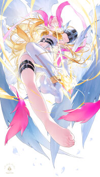 1girl aiming angel angel_wings angewomon anklet artist_logo asymmetrical_clothes bare_shoulders belt black_belt blonde_hair bodysuit boobplate bow_(weapon) breastplate breasts chinese_commentary cleavage clothing_cutout commentary_request covered_eyes digimon digimon_(creature) elbow_gloves feathered_wings floating from_below full_body gloves hagoromo helmet helmet_over_eyes highres holding holding_bow_(weapon) holding_weapon holy_ring jewelry large_breasts logo long_hair mixed-language_commentary multiple_wings navel no_shoes o-ring o-ring_belt parted_lips shawl single_elbow_glove skindentation solo stomach stomach_cutout suaynnai_wanzi thigh_strap weapon white_bodysuit white_gloves winged_helmet wings wrist_wings zipper