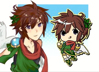 1boy :p ahoge belt blue_background blue_eyes boots brown_hair chibi chibi_inset closed_mouth collarbone commentary english_commentary green_belt green_boots highres kid_icarus kid_icarus_uprising laurel_crown male_focus nintendo official_alternate_color pit_(kid_icarus) red_scarf scarf short_hair sidelocks smile super_smash_bros. tongue tongue_out v-shaped_eyebrows white_wings wings winnie6890