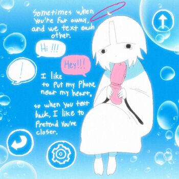 Rule 34 | !, 1girl, absurdres, ahoge, angel, arrow (symbol), barefoot, blue background, bubble, cellphone, chewchewer, closed mouth, colored skin, commentary, detached ahoge, dress, english commentary, english text, flip phone, gears, halo, highres, holding, holding phone, long sleeves, microsoft paint (medium), nyan (chewchewer), original, phone, red halo, short hair, single tear, sitting, solo, speech bubble, white dress, white hair, white skin, wide sleeves
