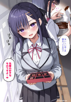1girl black_hair black_ribbon black_skirt blazer blush box box_of_chocolates breasts buttons collared_shirt getabako grey_jacket hair_ornament hair_ribbon hairpin heart heart-shaped_pupils heart_in_eye highres holding holding_spatula ikura_nagisa jacket mixing_bowl open_mouth original pleated_skirt pussy_juice ribbon school_uniform shirt skirt spatula speech_bubble sweat symbol-shaped_pupils symbol_in_eye translation_request twitter_username white_shirt yandere