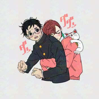 1boy 1girl animal animal_on_shoulder ayase_momo black_hair black_jacket blush brown_hair cat cat_on_shoulder closed_eyes commentary_request couple cropped_torso dandadan earrings gakuran glasses gold_buttons grey_background hetero highres hug hug_from_behind jacket jewelry k_ysd001 pink_sweater round_eyewear school_uniform short_hair sweatdrop sweater takakura_ken_(dandadan) turbo_granny_(dandadan)