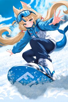 Rule 34 | 1girl, absurdres, alternate costume, animal ear fluff, animal ears, black pants, blonde hair, blue eyes, blue jacket, blue nails, blue streaks, blush, cat ears, closed mouth, fins, fish girl, fish tail, furfik, goggles, goggles on head, highres, indie virtual youtuber, jacket, long hair, looking at viewer, multicolored hair, nail polish, pants, sameko saba, smile, snow, snowboard, snowboarding, solo, streaked hair, tail, twintails, very long hair, virtual youtuber