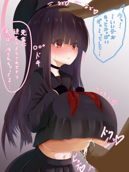 1boy 1girl absurdres alternate_breast_size_(larger) blue_archive breasts commentary_request cum cum_on_body cum_on_breasts cum_on_upper_body dark-skinned_male dark_skin headpat hetero highres huge_breasts justice_task_force_member_(blue_archive) kitaro oppai_loli paizuri penis sensei_(blue_archive) translation_request