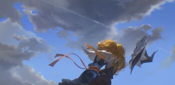 2girls absurdres alice_margatroid black_hat black_vest blonde_hair blue_dress blue_sky bow capelet chinese_commentary cloud cloudy_sky commentary day dress english_commentary frilled_hairband frills hairband hat highres hug injury kinoko_(kino2435006) kirisame_marisa long_hair mixed-language_commentary multiple_girls outdoors outstretched_arm red_hairband red_sash sash scratches shirt short_hair sky torn_clothes torn_shirt touhou unworn_hat unworn_headwear vest white_bow white_capelet white_hat white_shirt witch_hat yuri