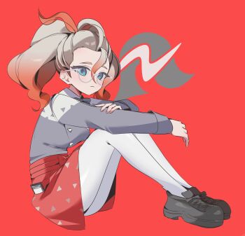 1girl absurdres apron blue_eyes blush bow breasts closed_mouth commentary_request ebi_(shrimp_eleven) full_body glasses gradient_hair grey_shirt griselle_(pokemon) highres looking_at_viewer medium_breasts multicolored_hair nintendo orange_apron orange_hair pantyhose pokemon pokemon_legends:_z-a ponytail red_apron red_skirt shirt shoes sitting skirt solo two-tone_hair waist_apron white-framed_eyewear white_hair white_pantyhose