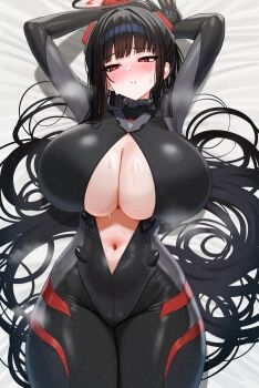 1girl absurdres alternate_breast_size_(larger) armpits arms_up black_bodysuit black_hair black_halo blue_archive blunt_bangs blush bodysuit breasts bright_pupils choppy_bangs cleavage commentary_request covered_navel cowboy_shot hair_ornament hair_spread_out halo high_ponytail highres huge_breasts latex latex_bodysuit long_hair looking_at_viewer lying mizikayo multicolored_halo official_alternate_costume official_alternate_hairstyle on_back on_bed parted_lips ponytail red_eyes red_halo ringed_eyes rio_(armed)_(blue_archive) rio_(blue_archive) sidelocks solo sweat taut_bodysuit thick_thighs thighs unzipped very_long_hair white_pupils