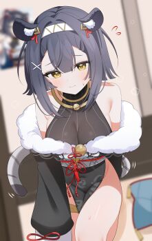 Rule 34 | 1girl, :s, absurdres, amber (playful innocence) (stella sora), amber (stella sora), animal ears, bare shoulders, bell, black hair, breasts, china dress, chinese clothes, commentary, covered groin, covered navel, dress, groin, hairband, highres, indoors, jewelry, legband, leotard, looking at viewer, medium breasts, medium hair, shusuchii, solo, stella sora, tail, thighs, yellow eyes