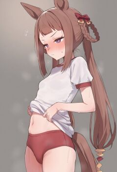 1girl ai-generated animal_ears artist_request bloomers blush bow braid breasts brown_hair brown_tail closed_mouth clothes_lift embarrassed female_focus flat_chest hair_bow hair_ribbon highres horse_ears horse_girl horse_tail imminent_penetration imminent_vaginal legs_up loli long_hair midriff navel no_bra no_panties purple_eyes red_bloomers red_bow red_ribbon ribbon sexually_suggestive shirt shirt_lift short_sleeves small_breasts solo solo_focus sportswear stomach sweat sweatdrop sweep_tosho_(umamusume) tail thighs twintails umamusume underwear very_long_hair wet wet_clothes wet_shirt white_shirt