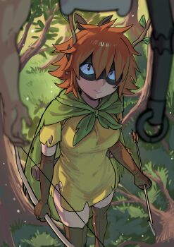 Rule 34 | 1boy, 1girl, adventure time, adventure time: fionna and cake, alternate design, alternate universe, arrow (projectile), bear hat, black eyes, blue sclera, bow (weapon), brown hair, cape, colored sclera, commentary, dress, eye mask, farmworld finn, finn the human, forest, highres, horns, huntress wizard, mask, mechanical arms, messy hair, monster girl, nature, nia (nia4294), plant girl, quiver, short hair, symbol-only commentary, thighhighs, torn clothes, tree horns, upside-down, weapon, yellow dress