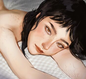 1girl absurdres arm_pillow arm_rest bed_sheet black_hair blunt_bangs brown_eyes commentary cropped dannyisonfiree english_commentary face_piercing freckles head_on_arm head_rest highres kpop_demon_hunters looking_at_viewer lying nose_piercing nose_ring nude on_stomach orange_lips paid_reward_available painterly piercing short_hair solo watermark zoey_(kpop_demon_hunters)