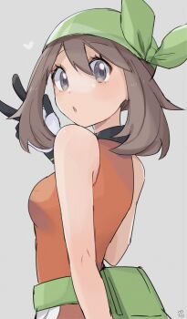 1girl :o bandana bare_arms breasts brown_hair dress eyelashes fanny_pack gloves green_bag green_bandana grey_background grey_eyes hair_between_eyes hand_up heart highres looking_at_viewer looking_back may_(pokemon) may_(pokemon_emerald) medium_hair nintendo orange_dress pokemon pokemon_emerald pokemon_rse ririmon signature sleeveless sleeveless_dress solo upper_body v w