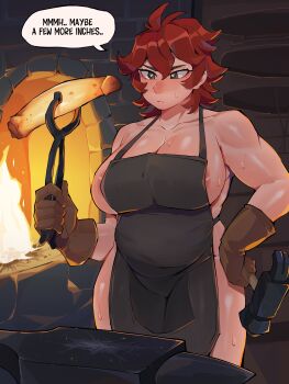 1girl absurdres anvil apron areola_slip biceps blush breasts brown_gloves curvy diforland dildo dungeon_meshi dwarf english_text female_dwarf fire forge gloves hammer heart heart_in_eye highres large_breasts muscular muscular_female naked_apron namari_(dungeon_meshi) plump red_hair sex_toy short_hair shortstack solo speech_bubble sweat symbol_in_eye thighs very_sweaty