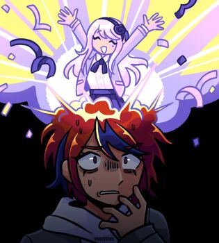 Rule 34 | 1boy, 1girl, :d, ^ ^, artist name, black hairband, black ribbon, black skirt, black streaks, blue eyes, closed eyes, collared shirt, commentary, confetti, english commentary, explosion, grey hair, grey jacket, hairband, hood, hoodie, jacket, jacket over hoodie, kashimiya karua, long hair, multicolored hair, neck ribbon, open clothes, open jacket, open mouth, polar opposites, red hair, red pupils, ribbon, scared, shirt, short hair, skirt, smile, sporkkles, streaked hair, sumino takumi, sweat, the hundred line -last defense academy-, two-tone hair, white hoodie, white shirt, wide-eyed