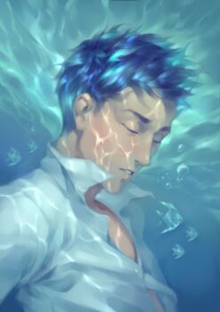 1boy air_bubble animal blue_background blue_hair blue_theme bubble closed_eyes collared_shirt fish lydialing_draws male_focus nose original parted_lips shirt short_hair solo submerged upper_body water white_shirt
