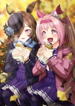2girls animal_ears black_coat blue_flower blue_rose blue_scarf blush bow bowtie brown_hair coat commentary_request ear_bow ear_covers flipped_hair flower flower-shaped_pupils flower_in_eye food food_on_face hair_over_one_eye hairband haru_urara_(umamusume) hat hat_flower headband highres holding holding_food horse_ears horse_girl long_hair multiple_girls open_clothes open_coat open_mouth otono_(bkt4b) pink_coat pink_eyes pink_hair pink_headband pleated_skirt ponytail purple_eyes purple_sailor_collar purple_serafuku purple_shirt purple_skirt purple_thighhighs rice_shower_(umamusume) rose sailor_collar sailor_shirt scarf school_uniform serafuku shirt sitting skirt smile steaming_food symbol-shaped_pupils symbol_in_eye taiyaki thighhighs tilted_headwear tracen_school_uniform umamusume wagashi white_bow white_bowtie