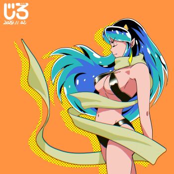 Rule 34 | 1girl, afterimage, alternate costume, artist logo, bikini, black bikini, blue hair, breasts, closed eyes, commentary request, cone horns, dated, from side, frown, highres, horns, jirohhb, logo, long hair, lum, navel, orange background, pointy ears, profile, scarf, simple background, solo, swimsuit, urusei yatsura