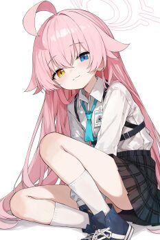 1girl absurdres ahoge arms_between_legs black_skirt blue_archive blue_eyes blue_necktie blue_shoes blush chest_harness closed_mouth collared_shirt commentary hair_flaps halo harness heterochromia highres hoshino_(blue_archive) id_card kneehighs long_hair long_sleeves looking_at_viewer loose_necktie miniskirt necktie pink_hair pink_halo plaid_clothes plaid_skirt pleated_skirt school_uniform shirt shirt_tucked_in shoes simple_background sitting skirt smile sneakers socks solo straight_hair tateishi_kureha very_long_hair white_background white_shirt white_socks yellow_eyes