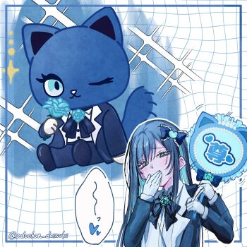 1girl ado_(utaite) adorozatorumary blue_bow blue_eyes blue_flower blue_hair blue_rose bow chando_(ado) collarbone commentary_request flower gloves hair_bow highres holding holding_sign long_hair mole mole_under_eye oyashirazu_(adochan_daisuki) rose shirt sign translation_request utaite white_gloves white_shirt