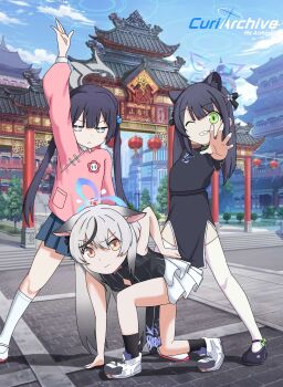 +_+ animal_ear_fluff animal_ears arms_up bare_shoulders black_dress black_hair blue_archive blue_halo breasts china_dress chinese_clothes cleavage_cutout closed_mouth clothing_cutout commentary diamond_cutout dress english_commentary extra_ears flat_chest flower_pin green_eyes grey_eyes grey_hair grey_halo hair_bobbles hair_ornament halo hand_on_ground hand_on_own_hip highres jacket kindergarten_uniform kisaki_(blue_archive) kisaki_(kindergarten_uniform)_(blue_archive) kokona_(blue_archive) long_hair long_sleeves looking_at_viewer low_twintails multicolored_hair name_tag official_alternate_costume official_alternate_hairstyle official_art_inset open_mouth out_of_character outstretched_arms pelvic_curtain pink_shirt power_rangers shadow shirt shoes short_sleeves shun_(blue_archive) shun_(small)_(blue_archive) small_breasts smile socks solo sparkle spread_arms standing standing_on_one_leg streaked_hair striped_clothes striped_dress thighhighs tiger_ears tiger_girl twintails two-tone_hair uwabaki vertical-striped_clothes vertical-striped_dress very_long_hair white_shoes white_socks white_thighhighs yellow_bag